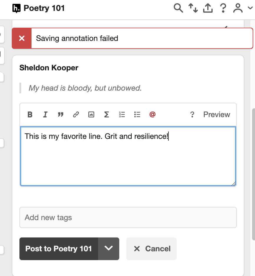 Image showing the saving annotation failed error in the Hypothesis sidebar.
